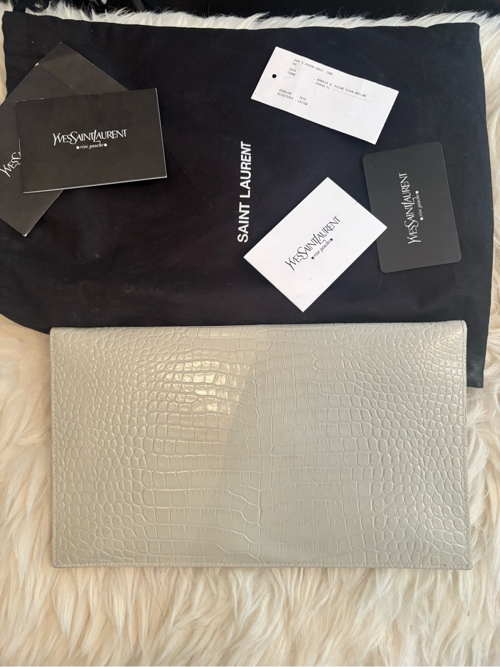 Saint Laurent Cream Croc-Embossed Envelope Clutch with Gold YSL - Picture 3 of 5